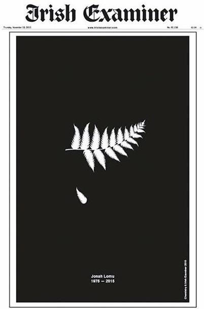 Meravigliosa prima pagina dell&#39;Irish Examiner. il quotidiano irlandese dedica la prima alla scomparsa della leggendaria ala All Blacks, rappresentata da una foglia della felce argentata, simbolo della Nuova Zelanda